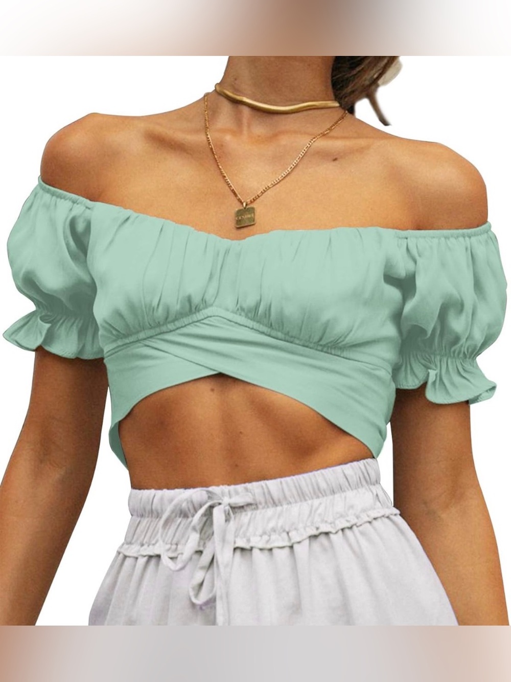 Off-Shoulder Mint Green Crop Top with Puff Sleeves